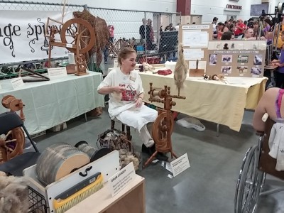 Karen with her spinning wheel