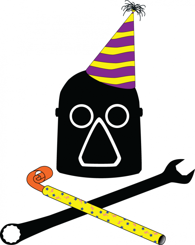 Our logo, an old-time welder's mask with crossed soldering iron and wrench, dressed up with a party hat and noisemaker